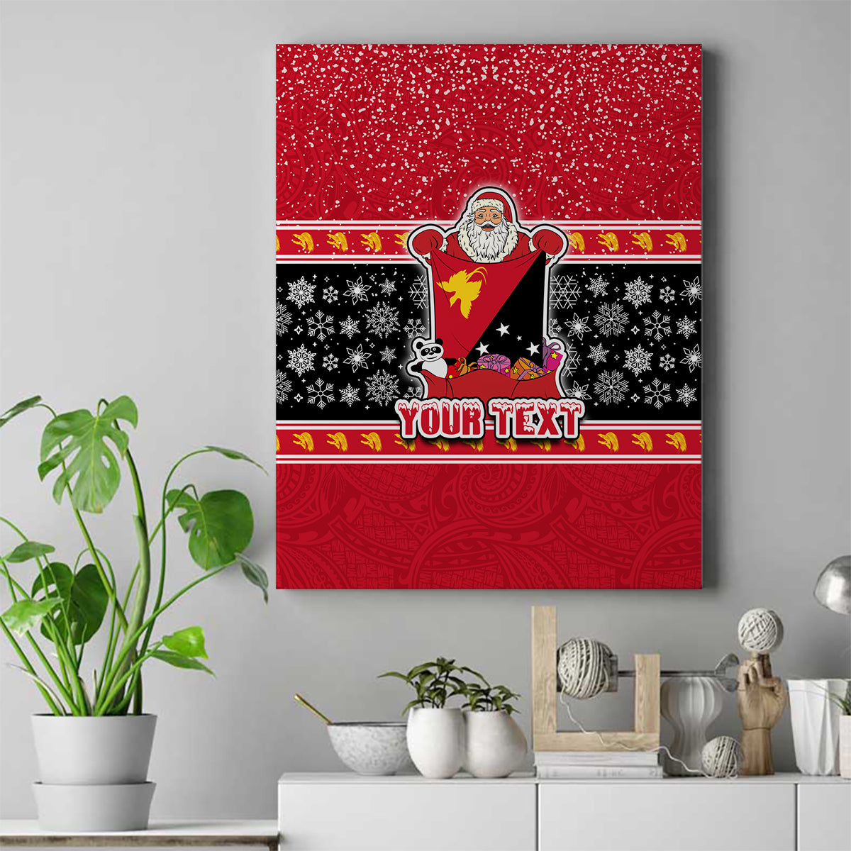 Custom Papua New Guinea Christmas Canvas Wall Art Santa With Flag Of PNG Polynesian Tribal Xmas Vibe LT03 Red - Polynesian Pride