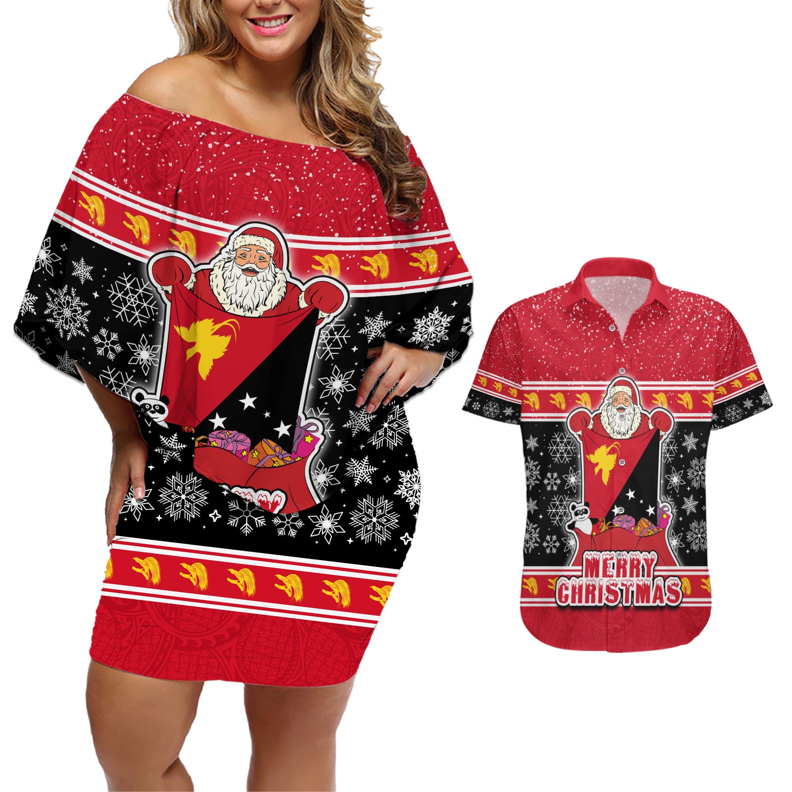 Custom Papua New Guinea Christmas Couples Matching Off Shoulder Short Dress and Hawaiian Shirt Santa With Flag Of PNG Polynesian Tribal Xmas Vibe LT03 Red - Polynesian Pride