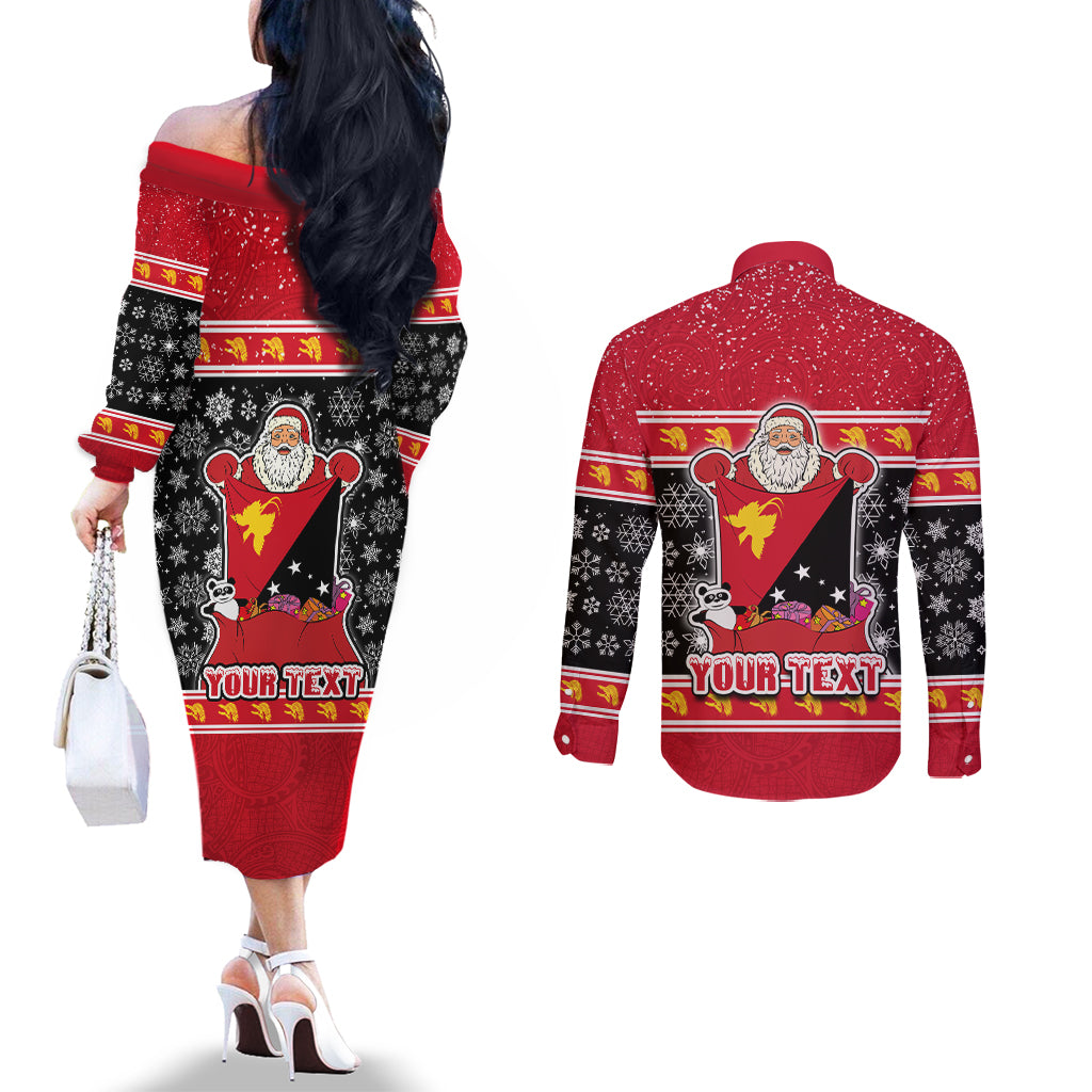 Custom Papua New Guinea Christmas Couples Matching Off The Shoulder Long Sleeve Dress and Long Sleeve Button Shirts Santa With Flag Of PNG Polynesian Tribal Xmas Vibe LT03 - Polynesian Pride