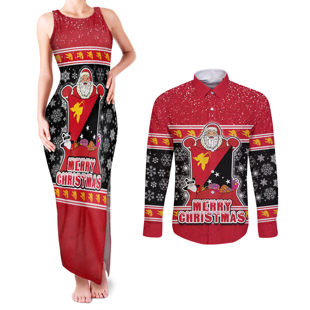 Custom Papua New Guinea Christmas Couples Matching Tank Maxi Dress and Long Sleeve Button Shirts Santa With Flag Of PNG Polynesian Tribal Xmas Vibe LT03 Red - Polynesian Pride