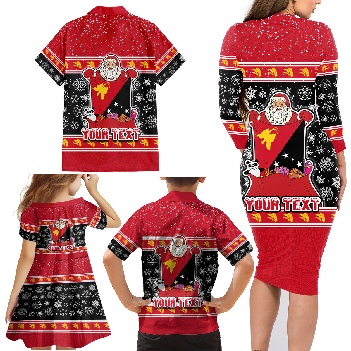 Custom Papua New Guinea Christmas Family Matching Long Sleeve Bodycon Dress and Hawaiian Shirt Santa With Flag Of PNG Polynesian Tribal Xmas Vibe LT03 - Polynesian Pride