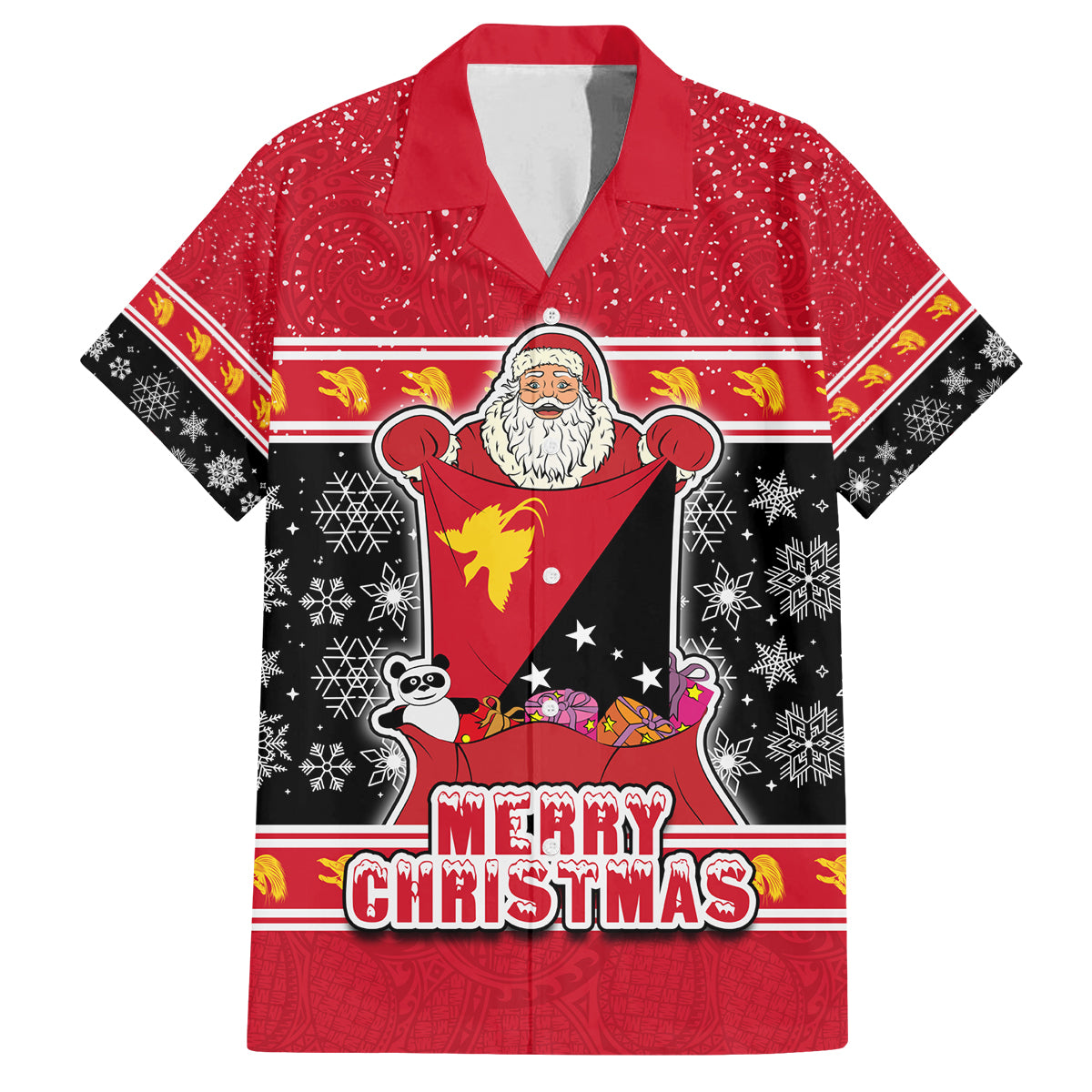 Custom Papua New Guinea Christmas Family Matching Off Shoulder Maxi Dress and Hawaiian Shirt Santa With Flag Of PNG Polynesian Tribal Xmas Vibe LT03 Dad's Shirt - Short Sleeve Red - Polynesian Pride