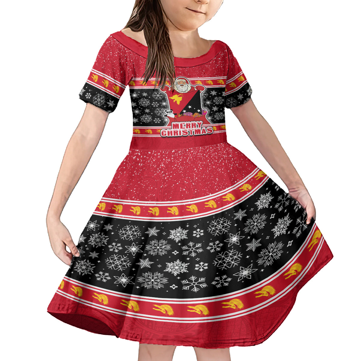 Custom Papua New Guinea Christmas Family Matching Off Shoulder Short Dress and Hawaiian Shirt Santa With Flag Of PNG Polynesian Tribal Xmas Vibe LT03 Daughter's Dress Red - Polynesian Pride