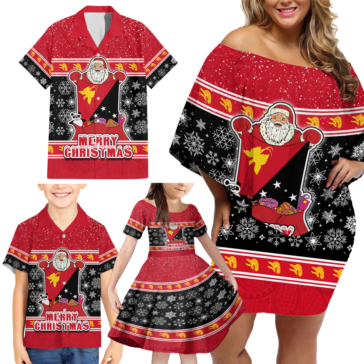 Custom Papua New Guinea Christmas Family Matching Off Shoulder Short Dress and Hawaiian Shirt Santa With Flag Of PNG Polynesian Tribal Xmas Vibe LT03 - Polynesian Pride