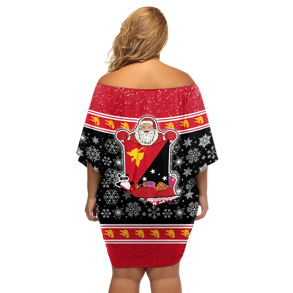 Custom Papua New Guinea Christmas Family Matching Off Shoulder Short Dress and Hawaiian Shirt Santa With Flag Of PNG Polynesian Tribal Xmas Vibe LT03 - Polynesian Pride