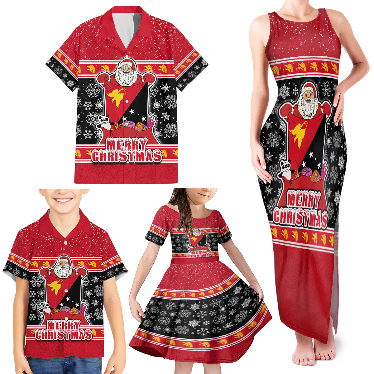 Custom Papua New Guinea Christmas Family Matching Tank Maxi Dress and Hawaiian Shirt Santa With Flag Of PNG Polynesian Tribal Xmas Vibe LT03 - Polynesian Pride