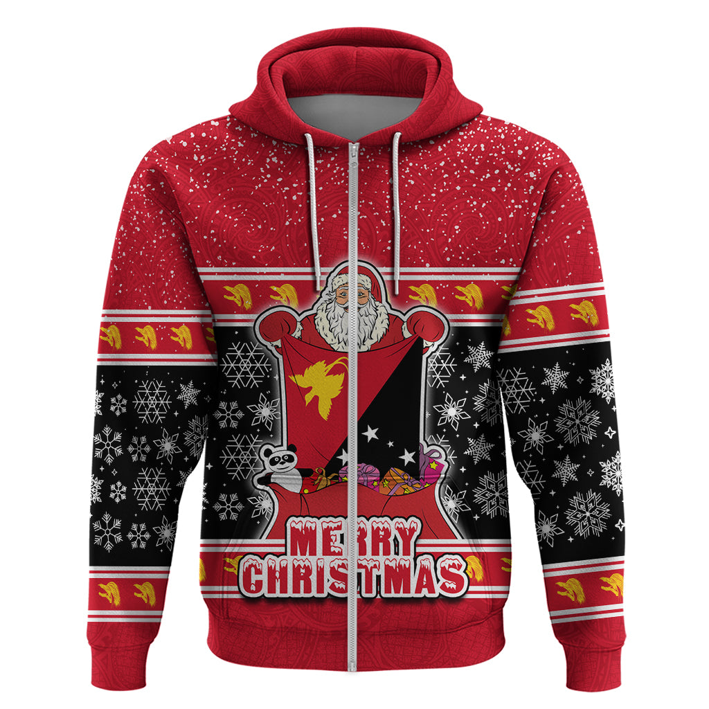 Custom Papua New Guinea Christmas Hoodie Santa With Flag Of PNG Polynesian Tribal Xmas Vibe LT03 Zip Hoodie Red - Polynesian Pride