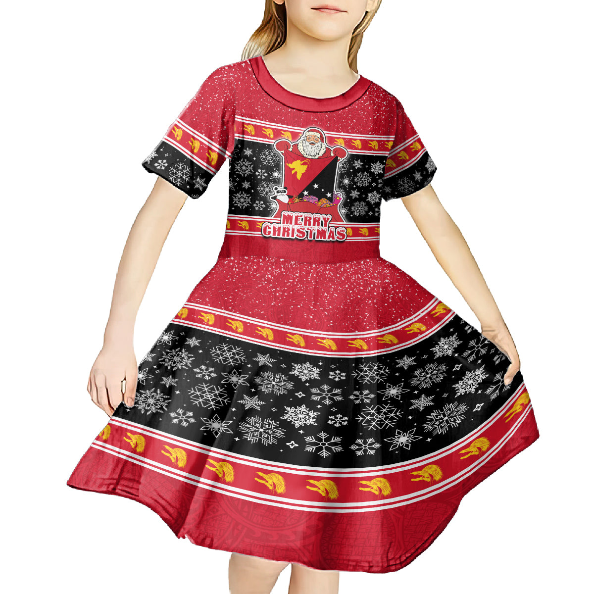 Custom Papua New Guinea Christmas Kid Short Sleeve Dress Santa With Flag Of PNG Polynesian Tribal Xmas Vibe LT03 - Polynesian Pride