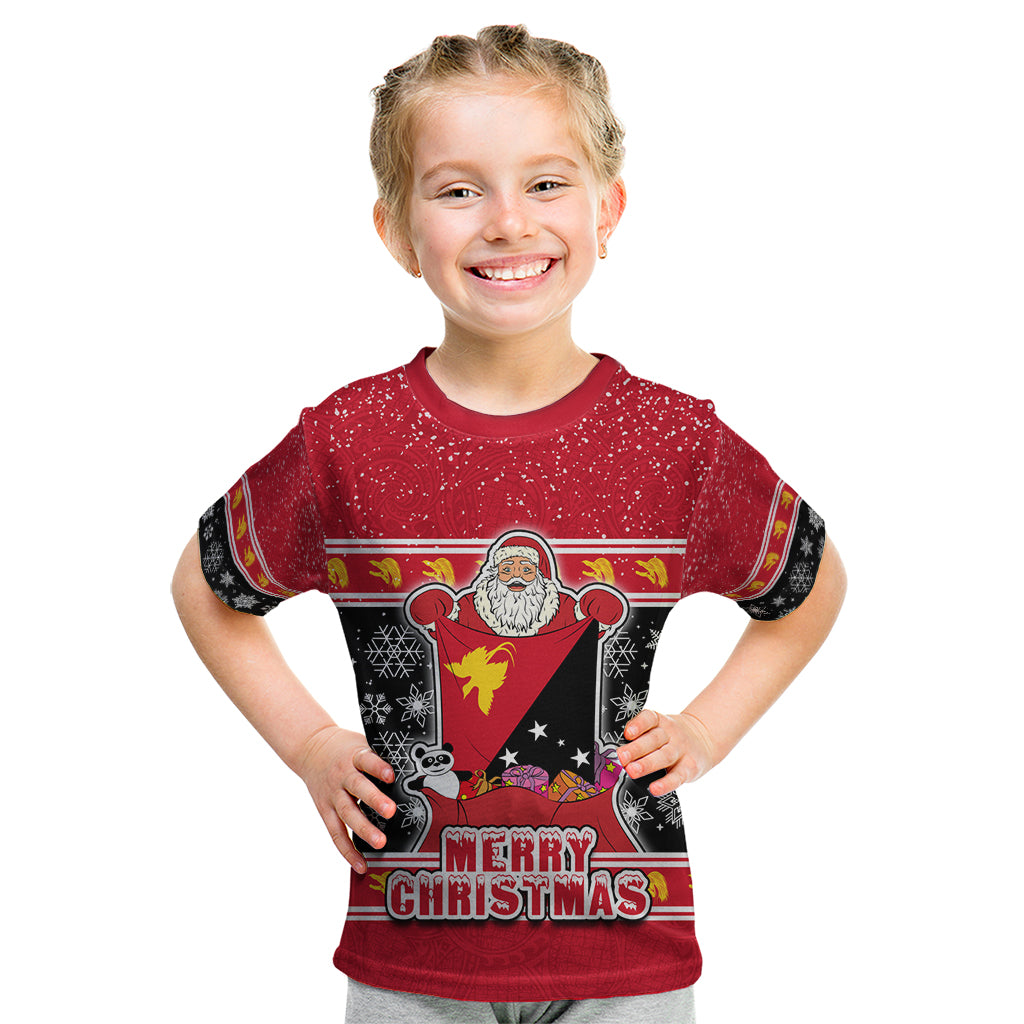 Custom Papua New Guinea Christmas Kid T Shirt Santa With Flag Of PNG Polynesian Tribal Xmas Vibe LT03 Red - Polynesian Pride