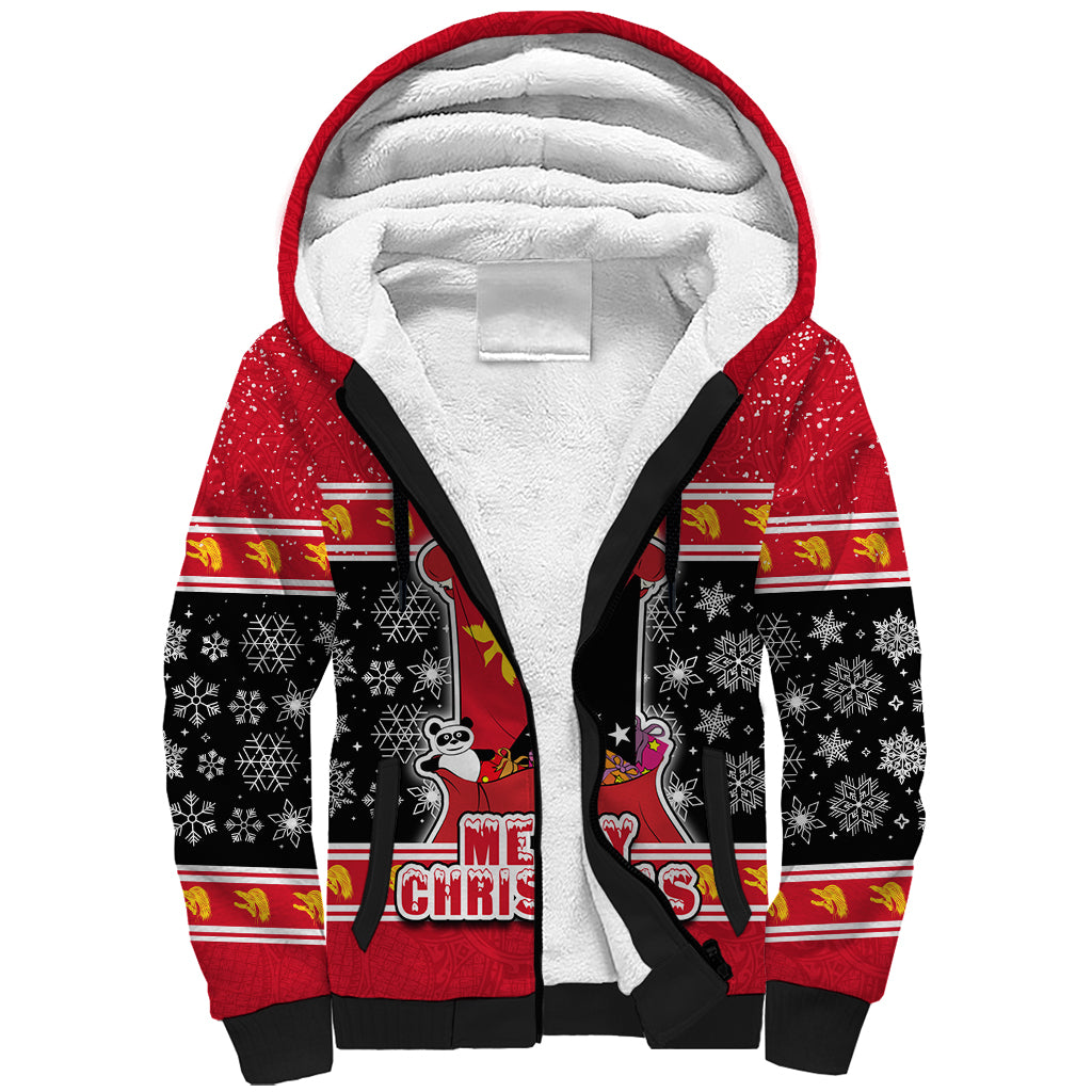 Custom Papua New Guinea Christmas Sherpa Hoodie Santa With Flag Of PNG Polynesian Tribal Xmas Vibe LT03 Unisex Red - Polynesian Pride