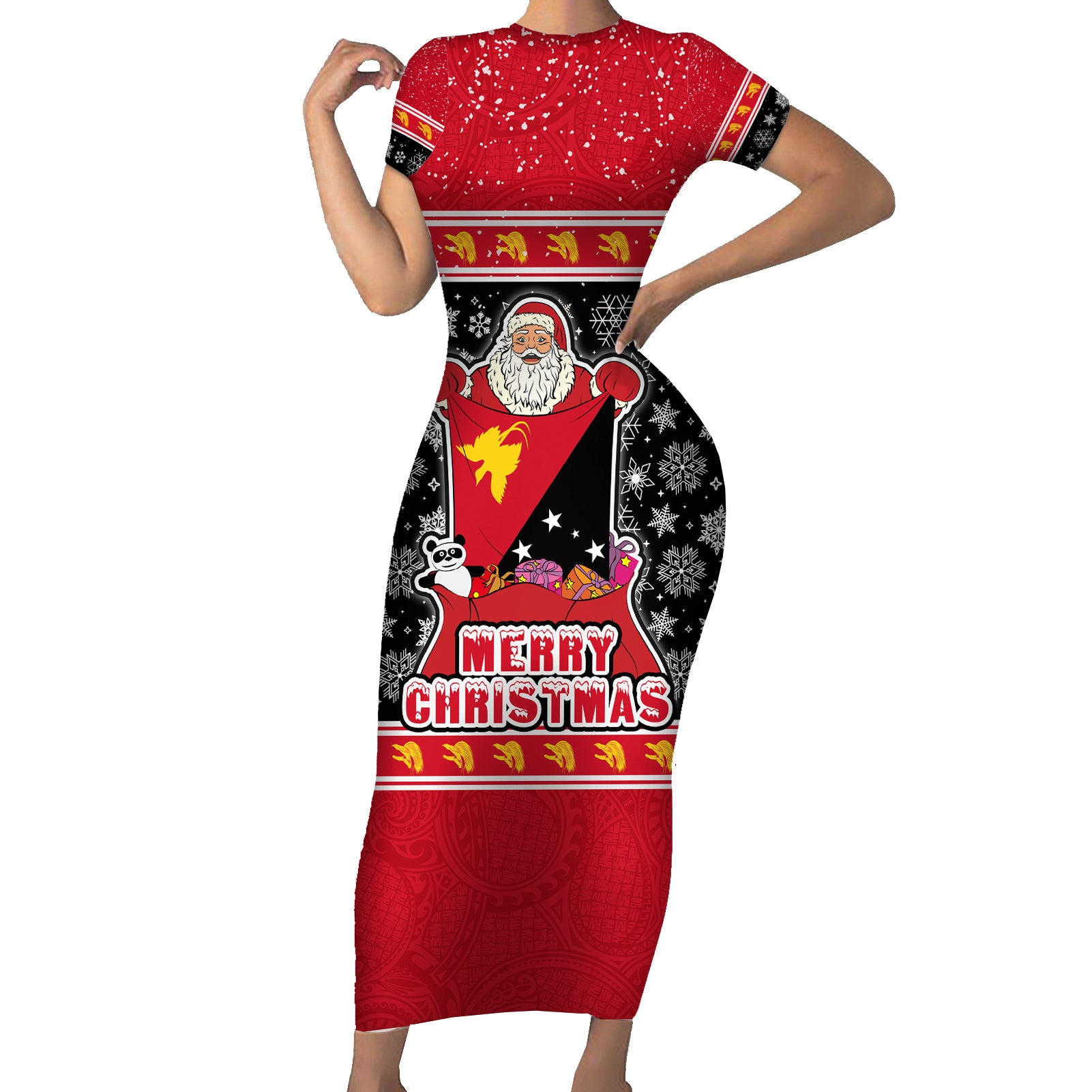 Custom Papua New Guinea Christmas Short Sleeve Bodycon Dress Santa With Flag Of PNG Polynesian Tribal Xmas Vibe LT03 Long Dress Red - Polynesian Pride
