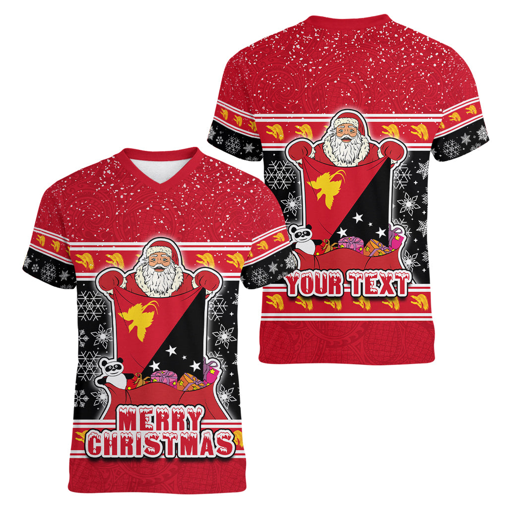 Custom Papua New Guinea Christmas Women V Neck T Shirt Santa With Flag Of PNG Polynesian Tribal Xmas Vibe LT03 - Polynesian Pride