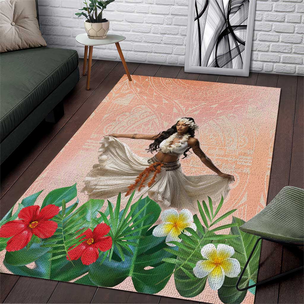 Woman Polynesian Tattoos Area Rug Tropical Flower - Peach Fuzz Color