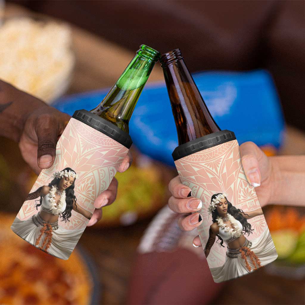 Woman Polynesian Tattoos 4 in 1 Can Cooler Tumbler Tropical Flower - Peach Fuzz Color