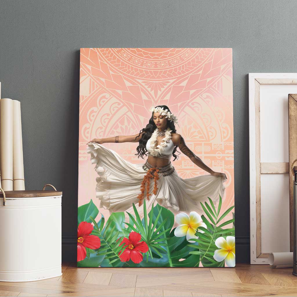 Woman Polynesian Tattoos Canvas Wall Art Tropical Flower - Peach Fuzz Color