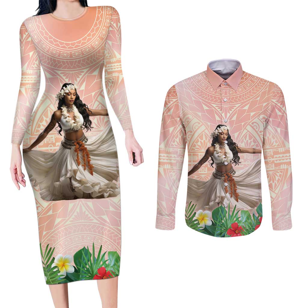 Woman Polynesian Tattoos Couples Matching Long Sleeve Bodycon Dress and Long Sleeve Button Shirt Tropical Flower - Peach Fuzz Color