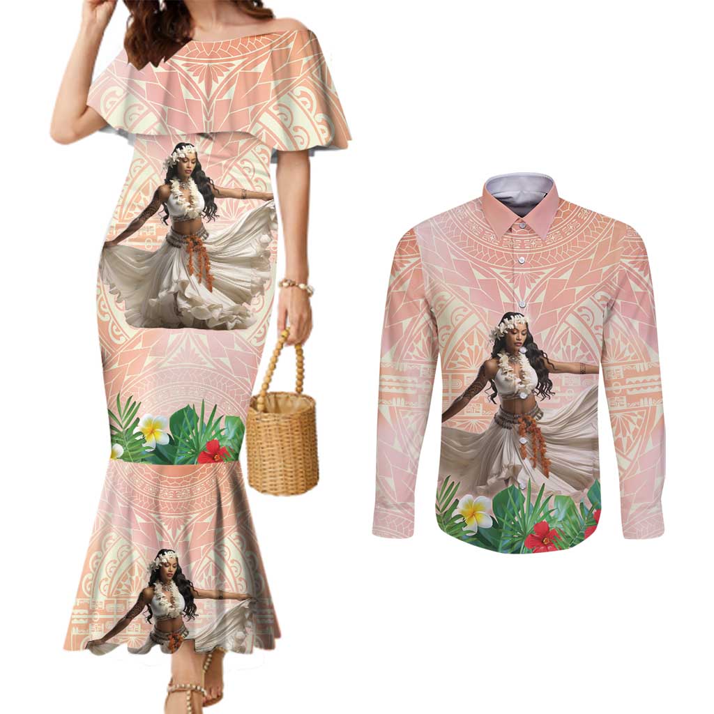 Woman Polynesian Tattoos Couples Matching Mermaid Dress and Long Sleeve Button Shirt Tropical Flower - Peach Fuzz Color