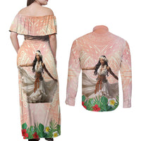 Woman Polynesian Tattoos Couples Matching Off Shoulder Maxi Dress and Long Sleeve Button Shirt Tropical Flower - Peach Fuzz Color