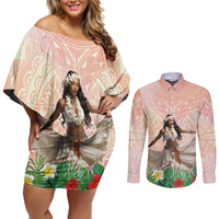 Woman Polynesian Tattoos Couples Matching Off Shoulder Short Dress and Long Sleeve Button Shirt Tropical Flower - Peach Fuzz Color