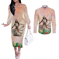 Woman Polynesian Tattoos Couples Matching Off The Shoulder Long Sleeve Dress and Long Sleeve Button Shirt Tropical Flower - Peach Fuzz Color