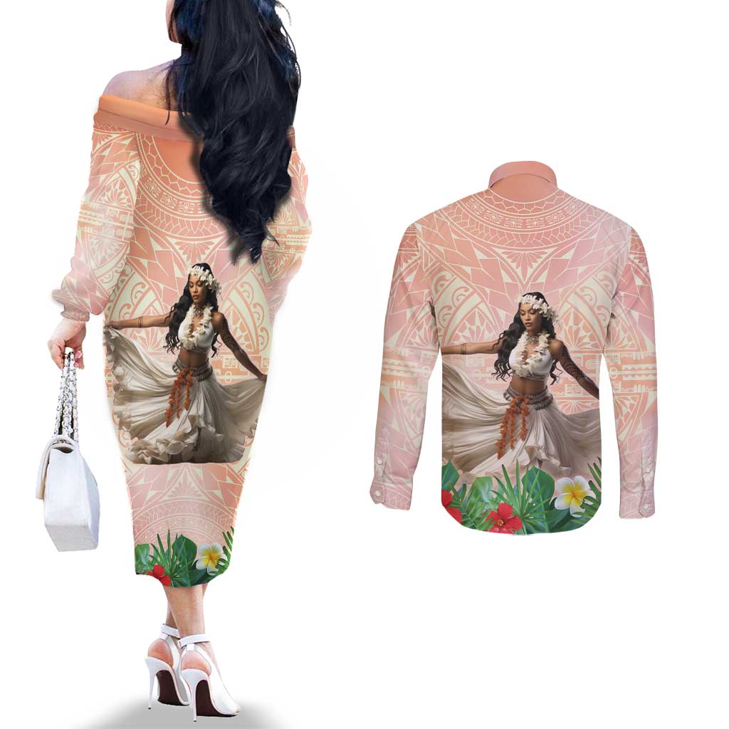 Woman Polynesian Tattoos Couples Matching Off The Shoulder Long Sleeve Dress and Long Sleeve Button Shirt Tropical Flower - Peach Fuzz Color