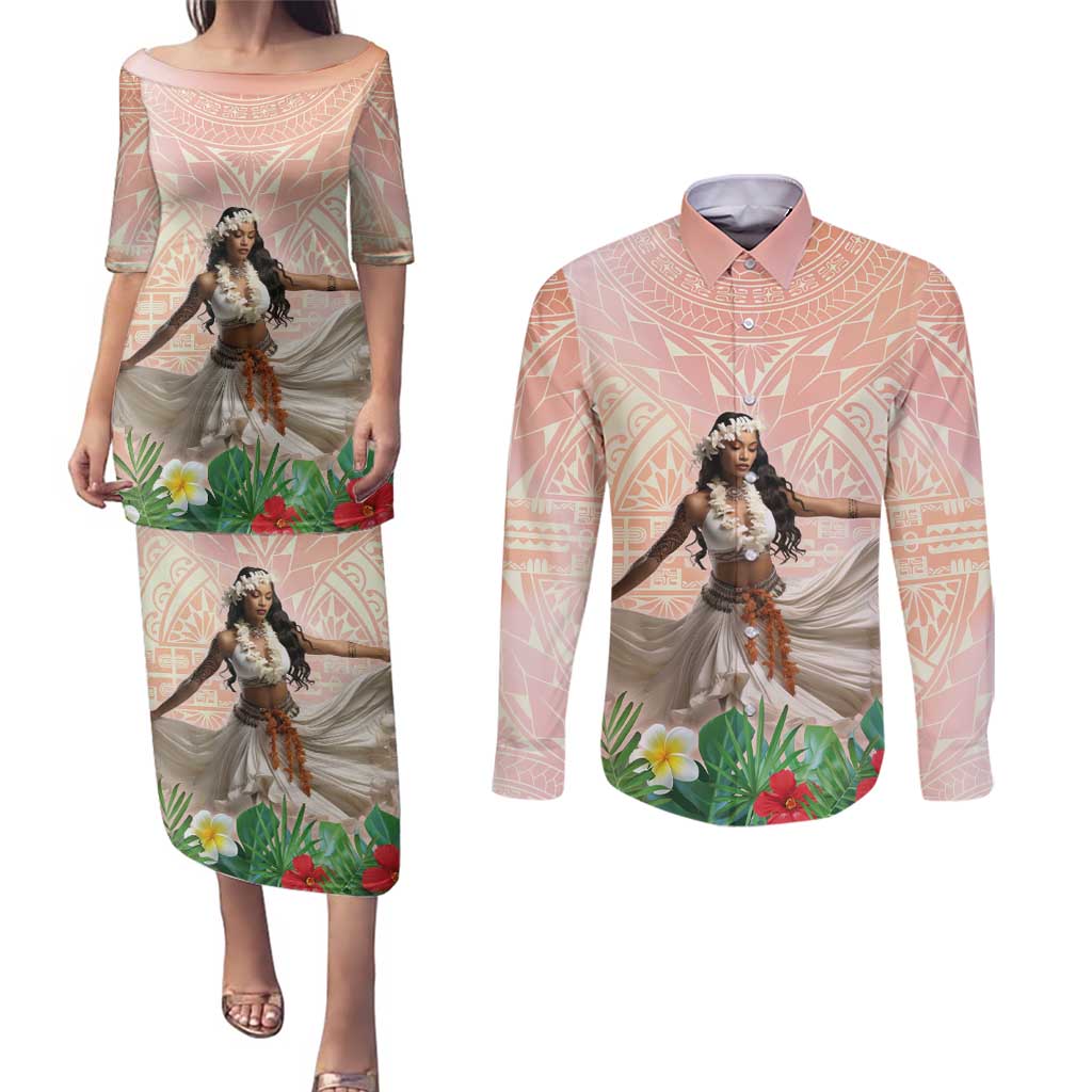 Woman Polynesian Tattoos Couples Matching Puletasi and Long Sleeve Button Shirt Tropical Flower - Peach Fuzz Color
