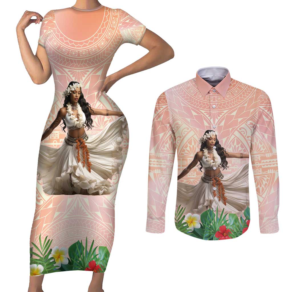 Woman Polynesian Tattoos Couples Matching Short Sleeve Bodycon Dress and Long Sleeve Button Shirt Tropical Flower - Peach Fuzz Color