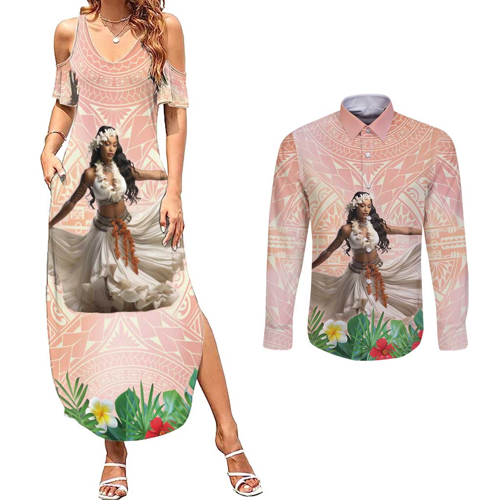Woman Polynesian Tattoos Couples Matching Summer Maxi Dress and Long Sleeve Button Shirt Tropical Flower - Peach Fuzz Color