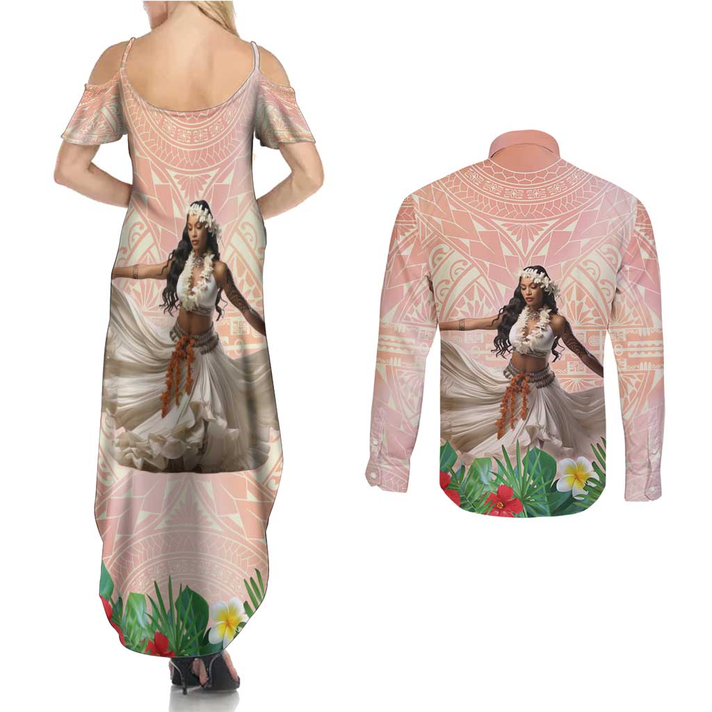 Woman Polynesian Tattoos Couples Matching Summer Maxi Dress and Long Sleeve Button Shirt Tropical Flower - Peach Fuzz Color
