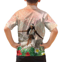 Woman Polynesian Tattoos Family Matching Long Sleeve Bodycon Dress and Hawaiian Shirt Tropical Flower - Peach Fuzz Color