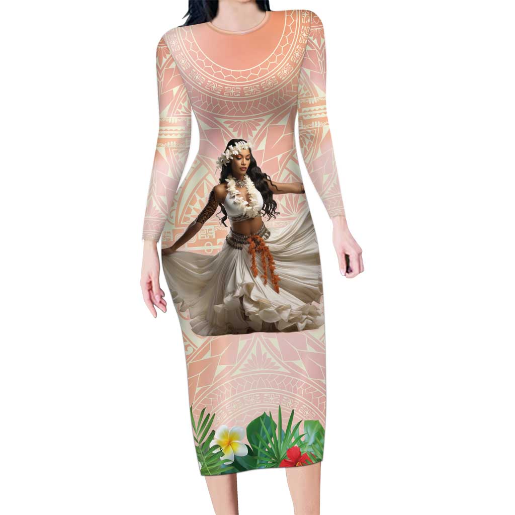 Woman Polynesian Tattoos Family Matching Long Sleeve Bodycon Dress and Hawaiian Shirt Tropical Flower - Peach Fuzz Color