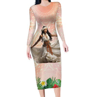 Woman Polynesian Tattoos Family Matching Long Sleeve Bodycon Dress and Hawaiian Shirt Tropical Flower - Peach Fuzz Color