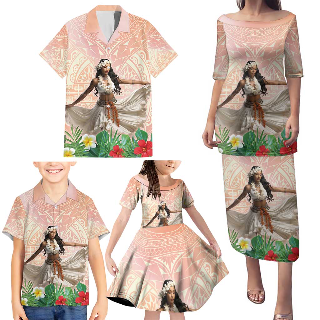 Woman Polynesian Tattoos Family Matching Puletasi and Hawaiian Shirt Tropical Flower - Peach Fuzz Color
