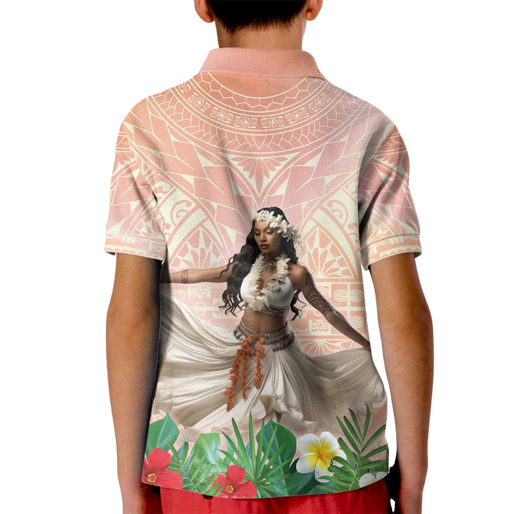 Woman Polynesian Tattoos Kid Polo Shirt Tropical Flower - Peach Fuzz Color LT03 - Polynesian Pride