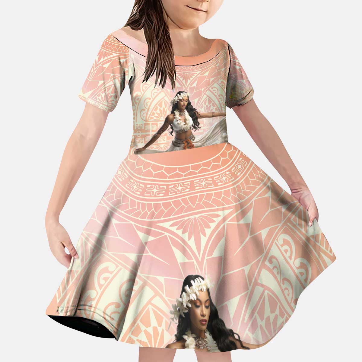 Woman Polynesian Tattoos Kid Short Sleeve Dress Tropical Flower - Peach Fuzz Color LT03 KID Peach Fuzz - Polynesian Pride