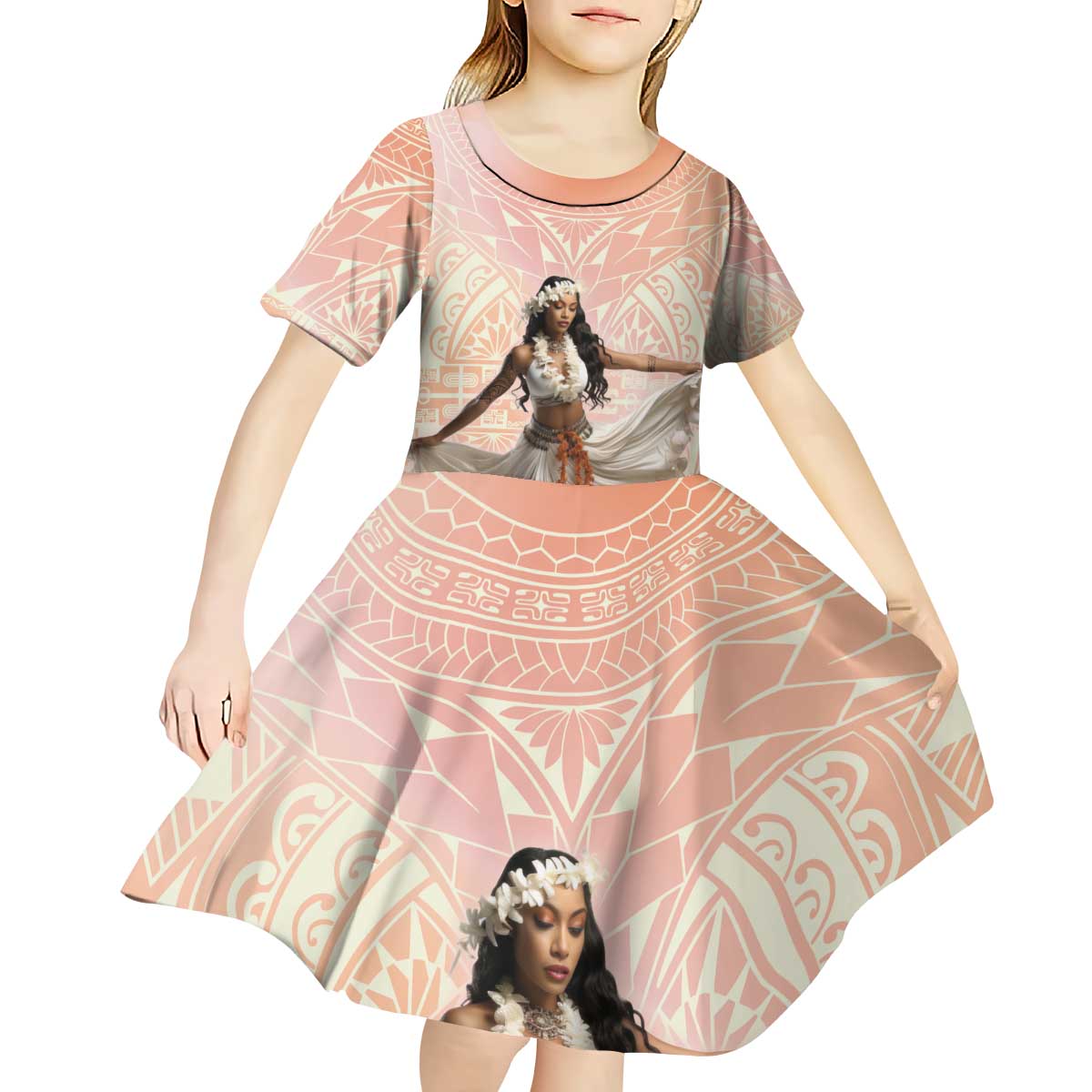 Woman Polynesian Tattoos Kid Short Sleeve Dress Tropical Flower - Peach Fuzz Color LT03 - Polynesian Pride