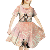 Woman Polynesian Tattoos Kid Short Sleeve Dress Tropical Flower - Peach Fuzz Color LT03 - Polynesian Pride