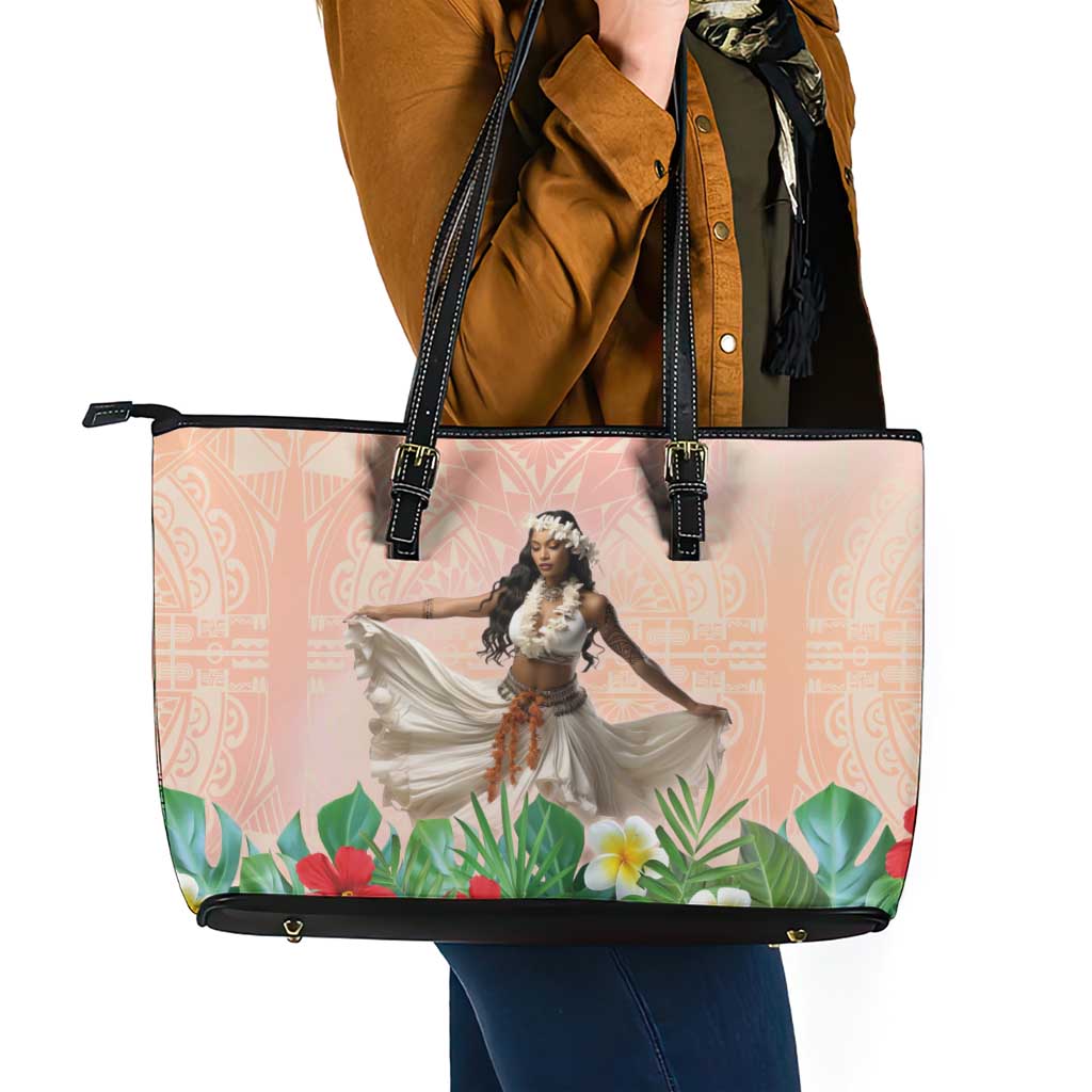 Woman Polynesian Tattoos Leather Tote Bag Tropical Flower - Peach Fuzz Color LT03 - Polynesian Pride
