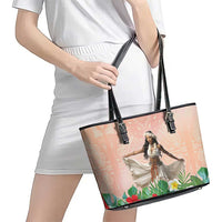 Woman Polynesian Tattoos Leather Tote Bag Tropical Flower - Peach Fuzz Color LT03 - Polynesian Pride