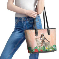 Woman Polynesian Tattoos Leather Tote Bag Tropical Flower - Peach Fuzz Color LT03 - Polynesian Pride