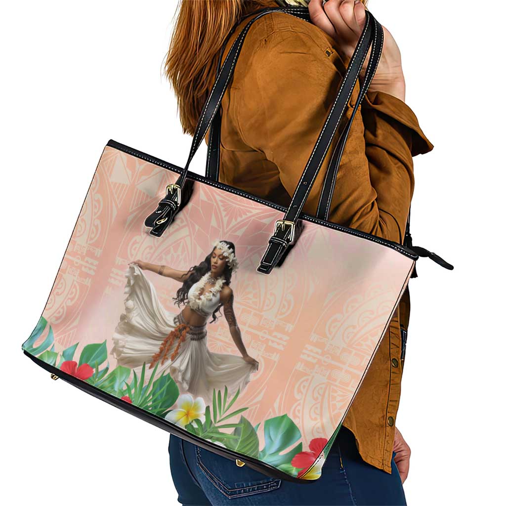 Woman Polynesian Tattoos Leather Tote Bag Tropical Flower - Peach Fuzz Color LT03 - Polynesian Pride