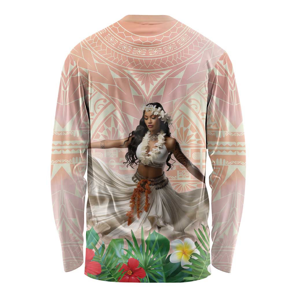 Woman Polynesian Tattoos Long Sleeve Shirt Tropical Flower - Peach Fuzz Color
