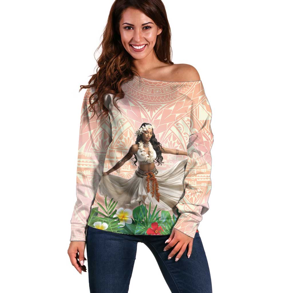 Woman Polynesian Tattoos Off Shoulder Sweater Tropical Flower - Peach Fuzz Color