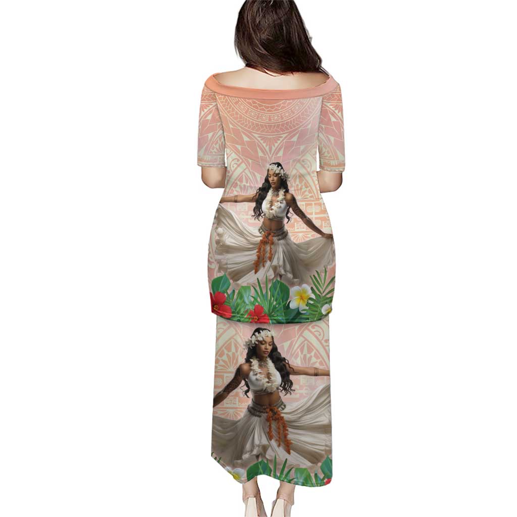 Woman Polynesian Tattoos Puletasi Tropical Flower - Peach Fuzz Color