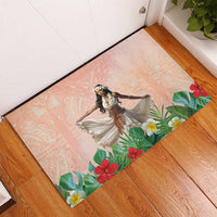 Woman Polynesian Tattoos Rubber Doormat Tropical Flower - Peach Fuzz Color