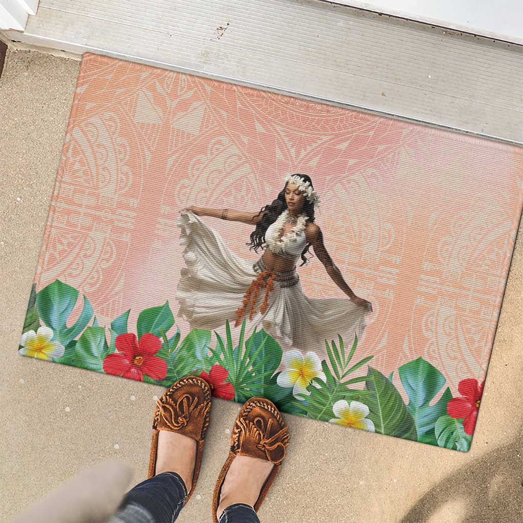 Woman Polynesian Tattoos Rubber Doormat Tropical Flower - Peach Fuzz Color