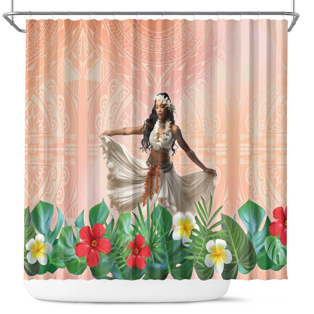 Woman Polynesian Tattoos Shower Curtain Tropical Flower - Peach Fuzz Color