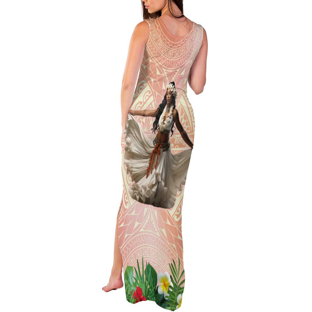 Woman Polynesian Tattoos Tank Maxi Dress Tropical Flower - Peach Fuzz Color