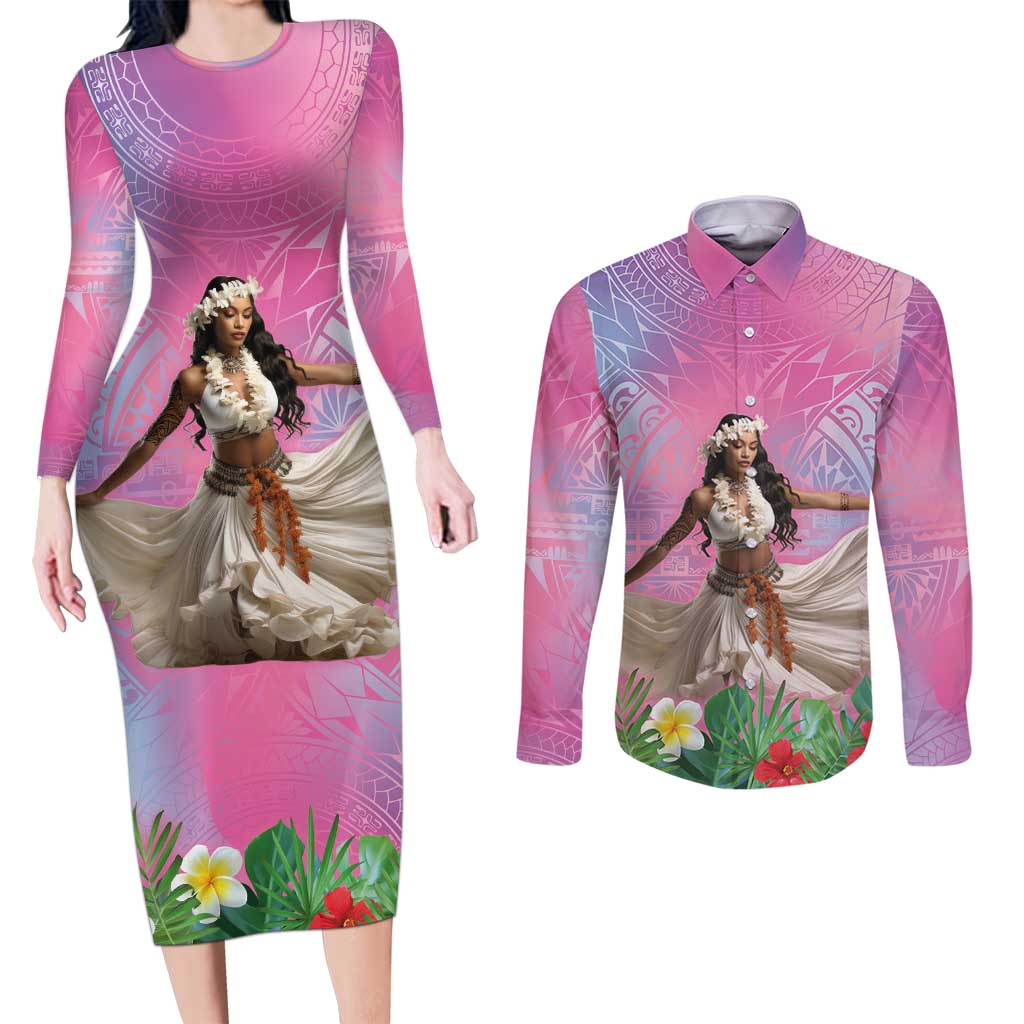 Woman Polynesian Tattoos Couples Matching Long Sleeve Bodycon Dress and Long Sleeve Button Shirt Tropical Flower - Sweets Vibrant Color