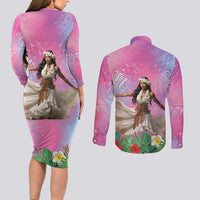 Woman Polynesian Tattoos Couples Matching Long Sleeve Bodycon Dress and Long Sleeve Button Shirt Tropical Flower - Sweets Vibrant Color